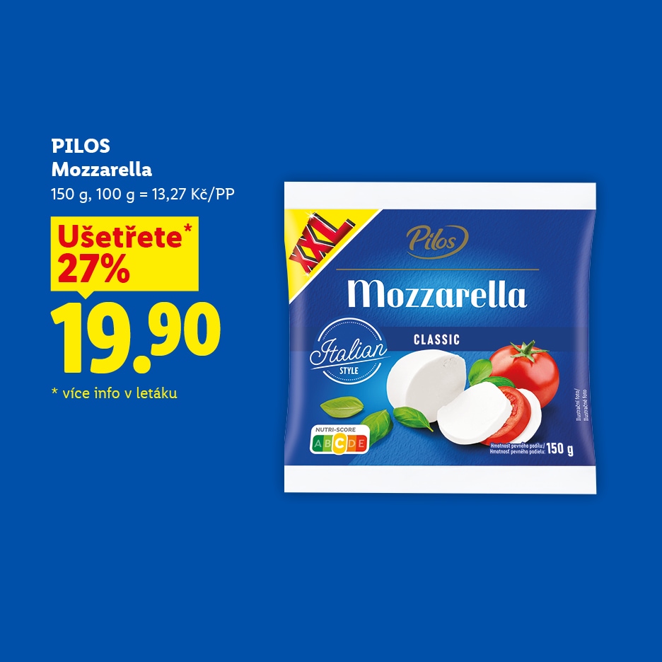 Mozzarella v balení 150 g za 19,90 Kč, s 27% slevou.