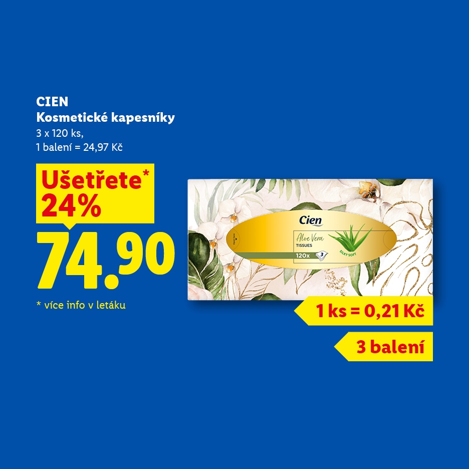 Akční nabídka na kosmetické kapesníky s aloe vera, 3 balení po 120 kusech za 74,90 Kč.
