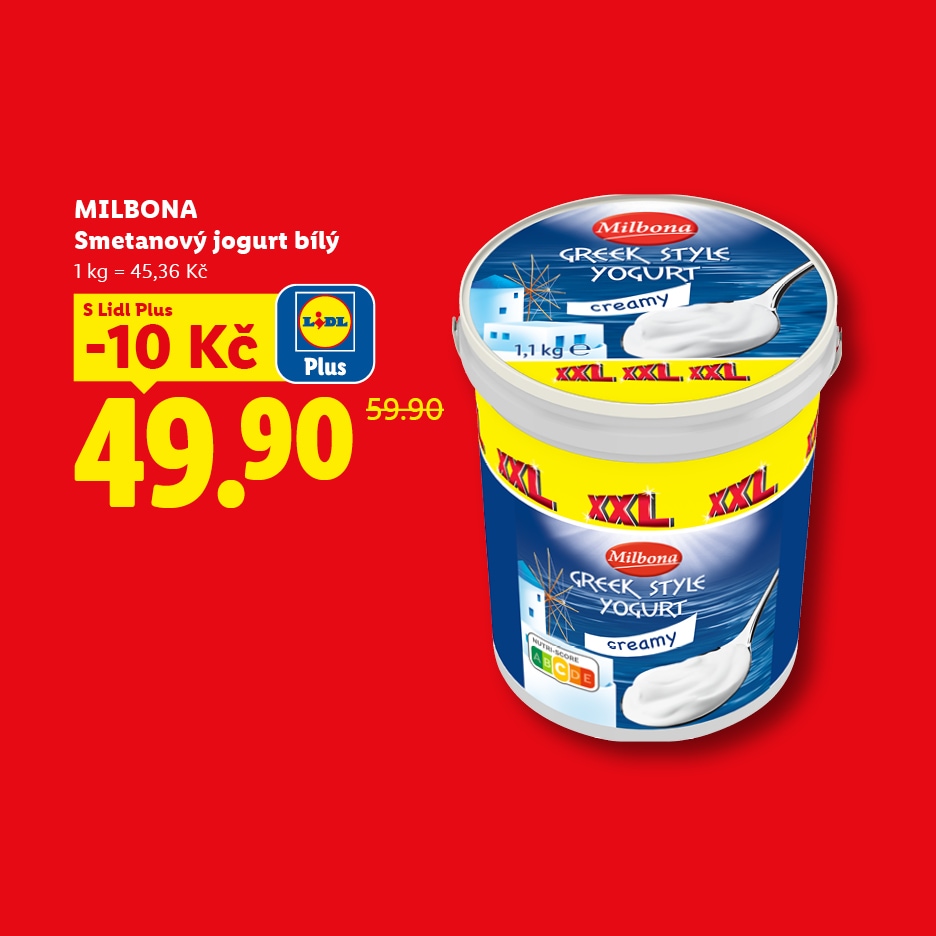 Bílý smetanový jogurt v XXL balení s cenou 49,90 Kč a slevou 10 Kč s Lidl Plus.