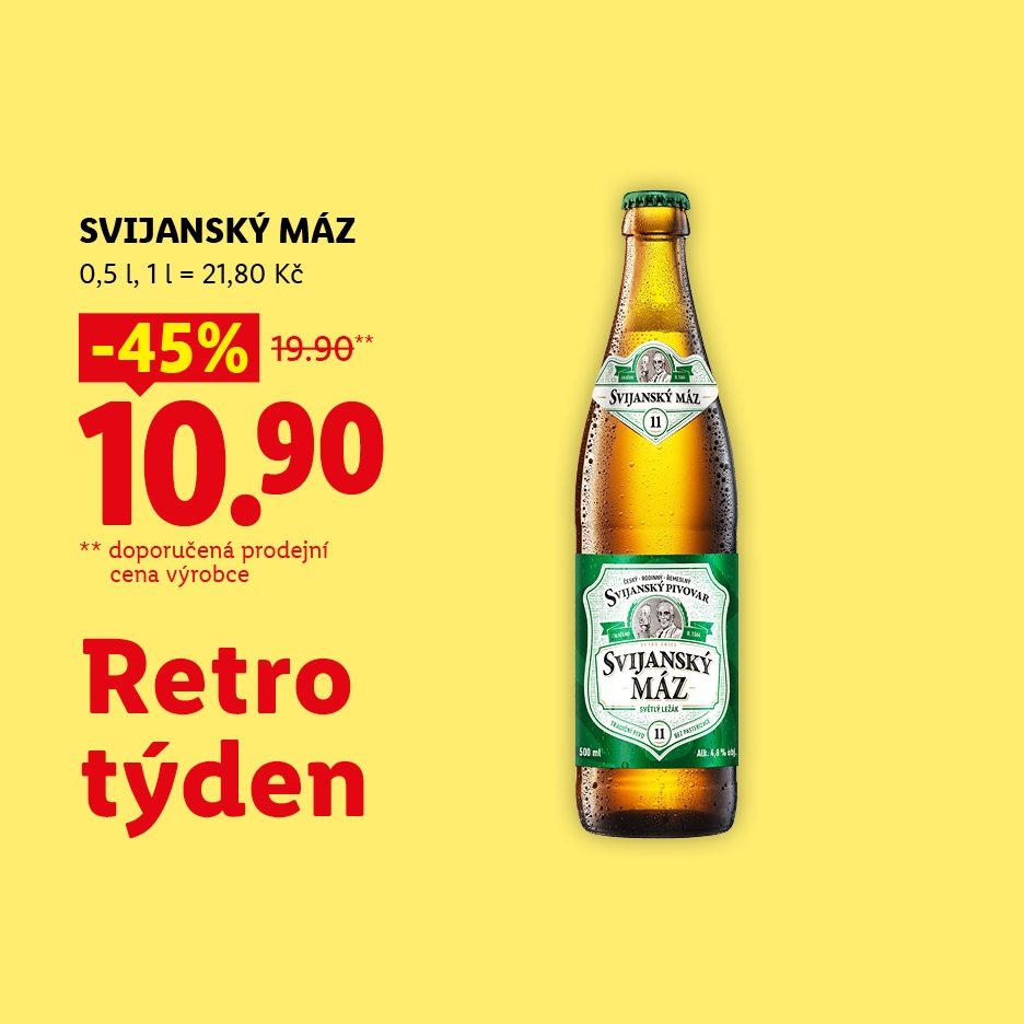 Pivo ve skleněné lahvi s etiketou, s cenou 10,90 Kč a slevou 45 %.