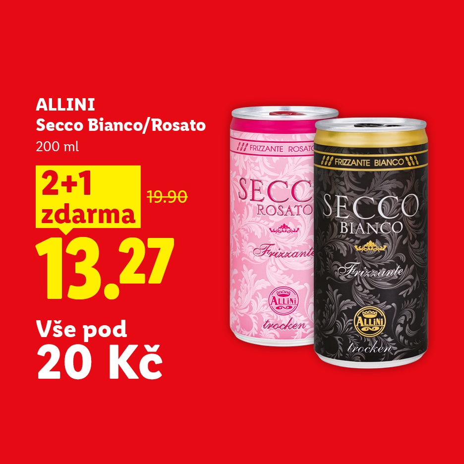 Dvě plechovky šumivého vína (růžové a bílé) s akční nabídkou 2+1 zdarma za 13,27 Kč.