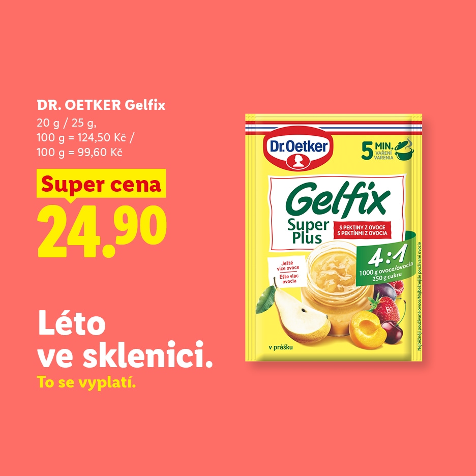 Žlutý sáček Gelfixu s ovocem a džemem, s cenou 24,90 Kč a nápisem „Léto ve sklenici“.