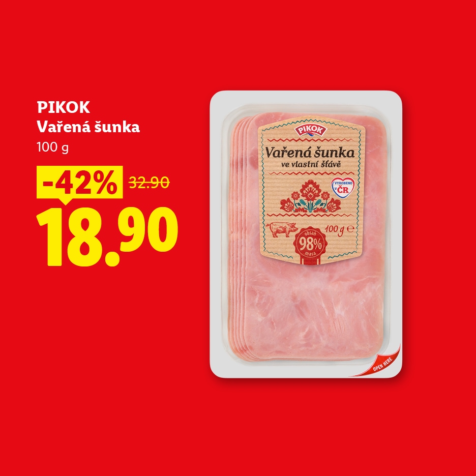 Balení plátkové vařené šunky s 98 % masa, 100 g, v akci za 18,90 Kč.