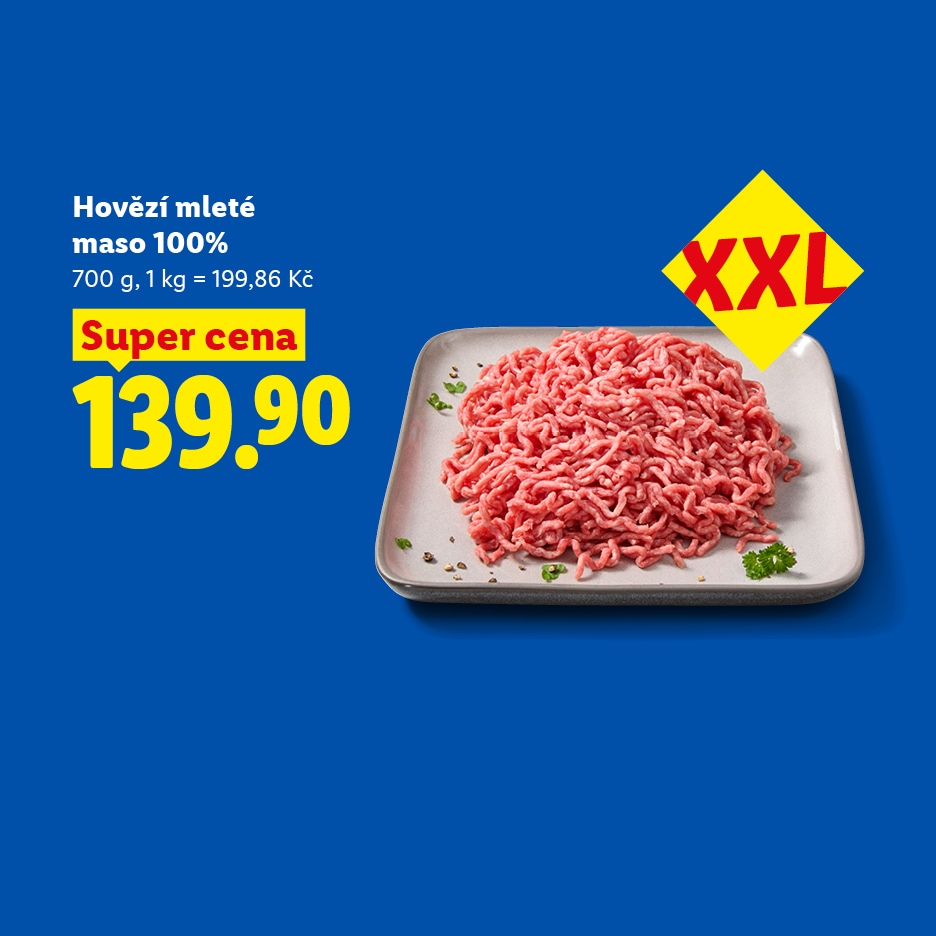 Mleté hovězí maso 100% (700g) za super cenu 139,90 Kč, s označením XXL.