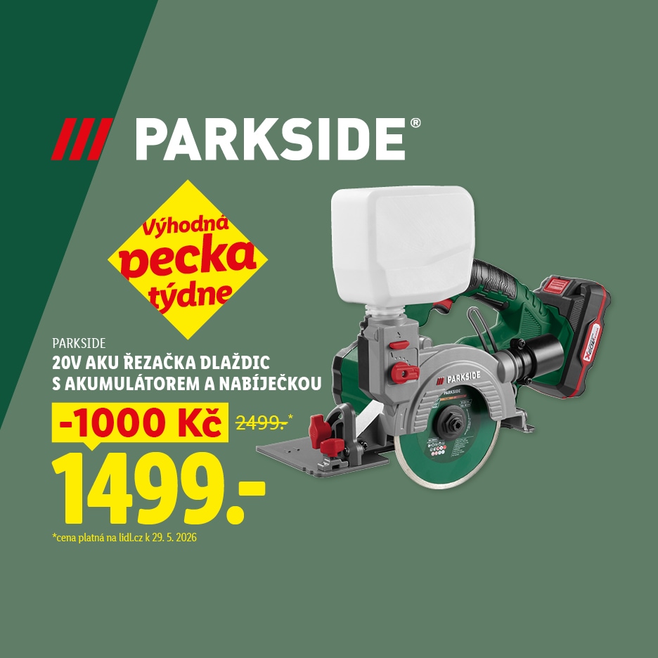 Akumulátorová řezačka dlaždic s baterií a nabíječkou, zvýrazněná jako „Výhodná pecka týdne“ se slevou 1000 Kč, nyní za 1499 Kč.