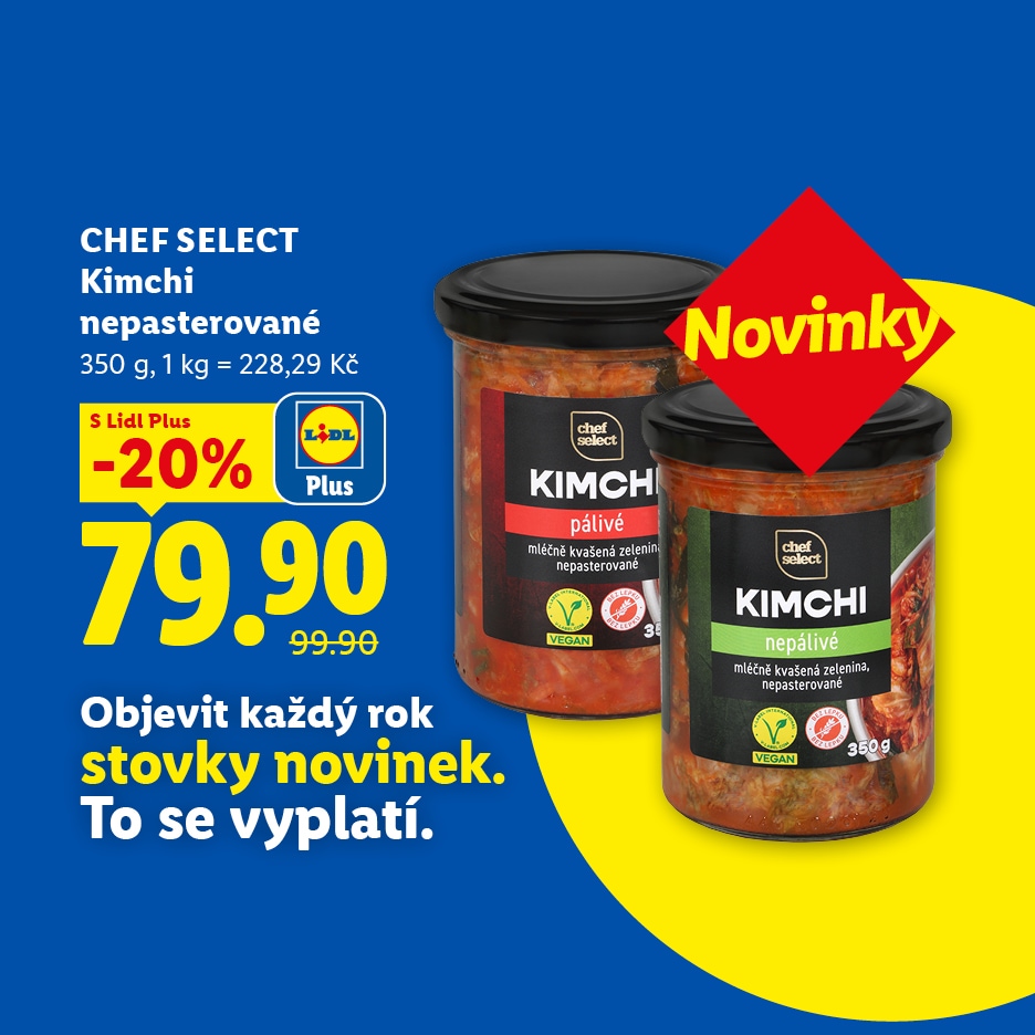 Dvě sklenice kimchi, jedna pálivá a druhá nepálivá, s cenou 79,90 Kč a slevou 20 %.