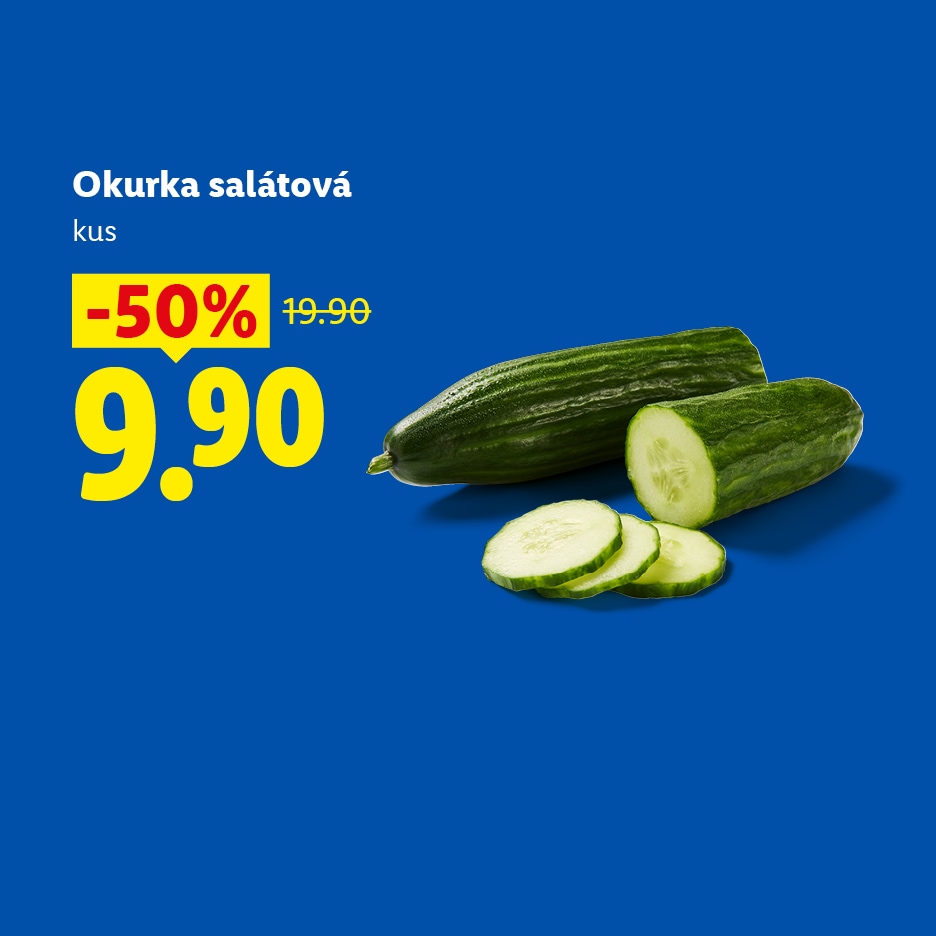 Okurka salátová za 9,90 s 50% slevou, původní cena 19,90.