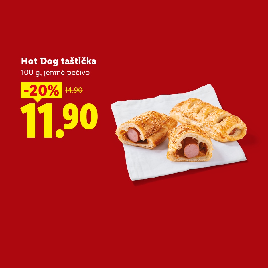 Hot Dog taštička, 100 g jemné pečivo, sleva 20 %, nová cena 11.90