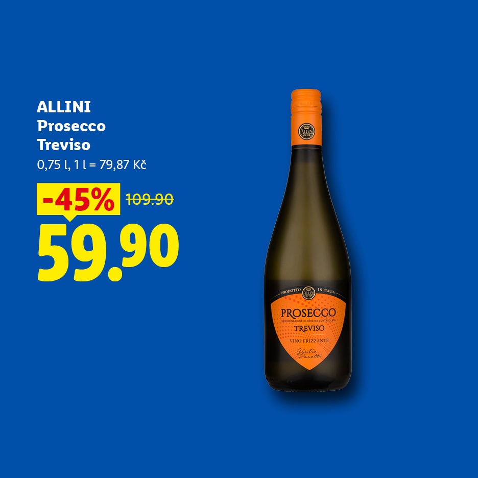 Láhev Prosecca Treviso o objemu 0,75 l za akční cenu 59,90 Kč, původně 109,90 Kč, se slevou 45 %.