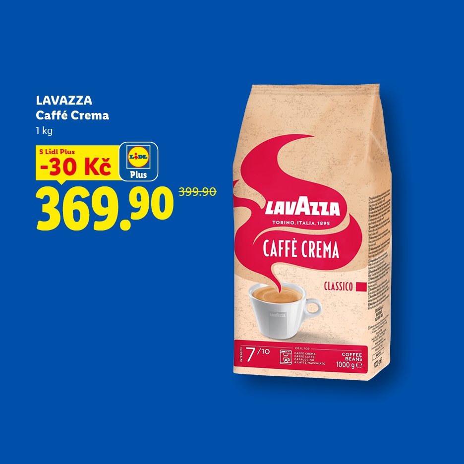 Balení kávových zrn s cenou 369,90 Kč po slevě 30 Kč s Lidl Plus.