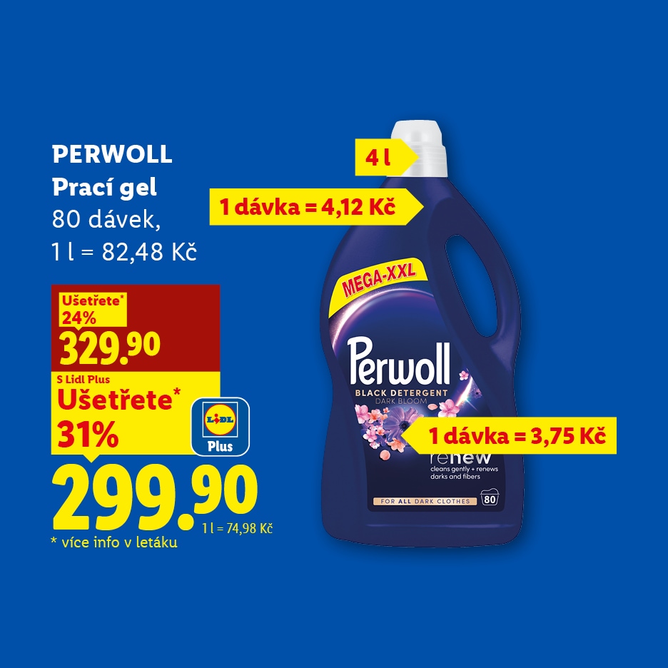 Reklama na prací gel s 80 dávkami, zvýrazňující slevy a cenu za dávku.