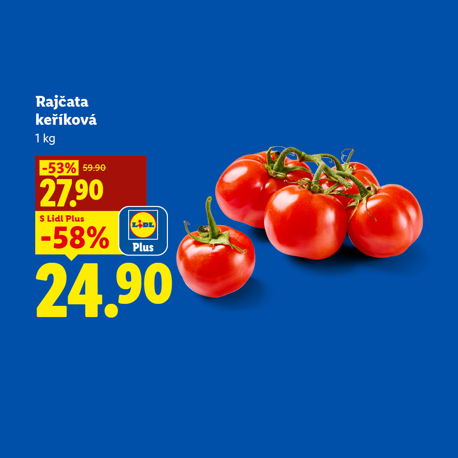 Rajčata keříková v akci, s cenou 24.90 Kč za 1 kg s Lidl Plus.