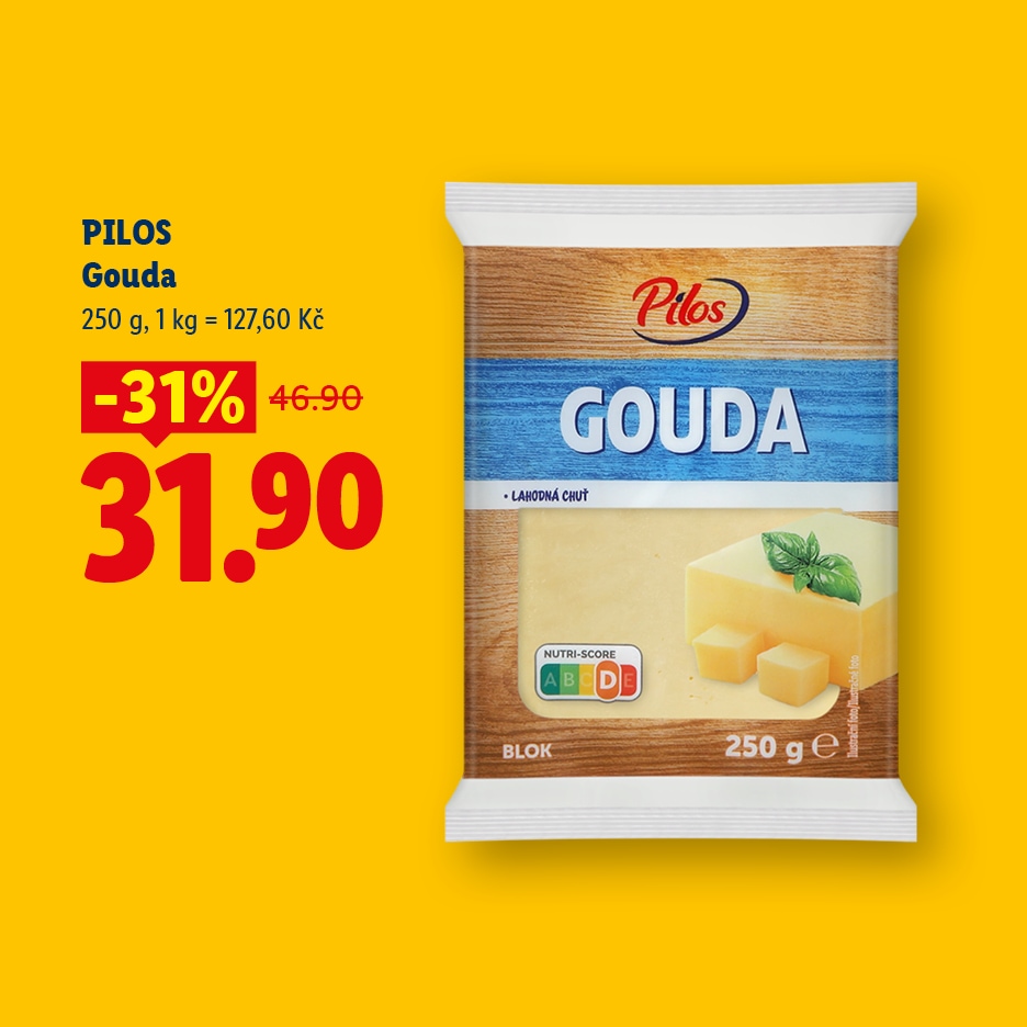 Balení sýra Gouda s cenovkou 31,90 Kč, původně 46,90 Kč, se slevou 31 %.