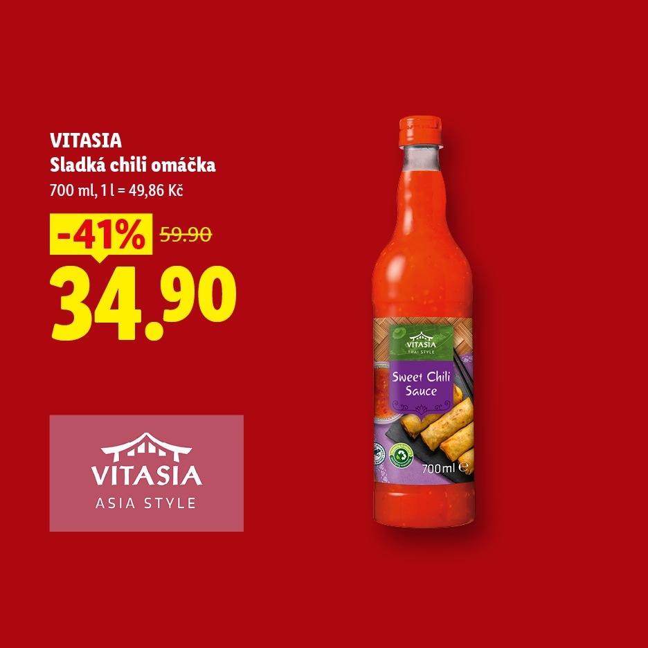 Láhev sladké chilli omáčky s cenou 34,90 Kč a slevou 41 %.
