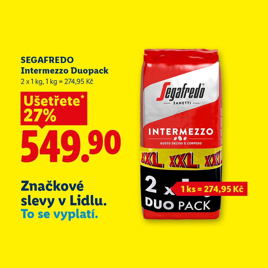 Dvojité balení kávy s 27% slevou za 549,90 Kč, s nápisem „Značkové slevy v Lidlu. To se vyplatí.“