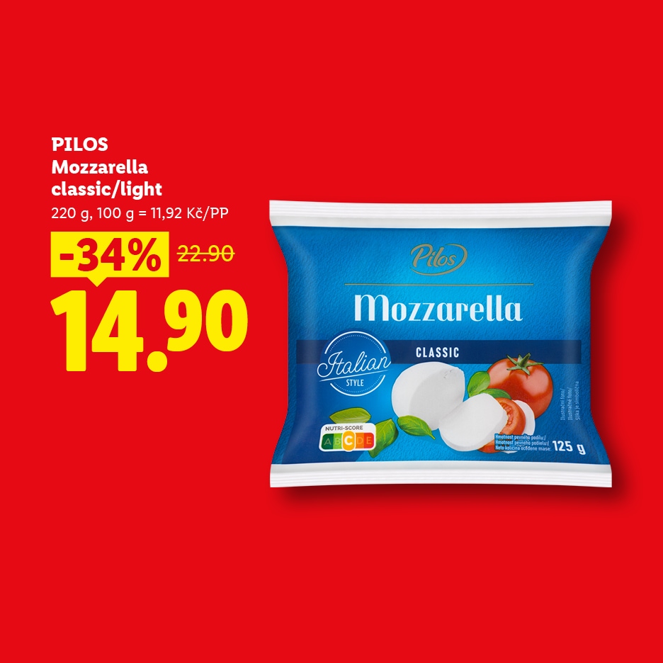 Mozzarella classic/light v modrém obalu s italským stylem, se slevou 34 % za 14,90 Kč.