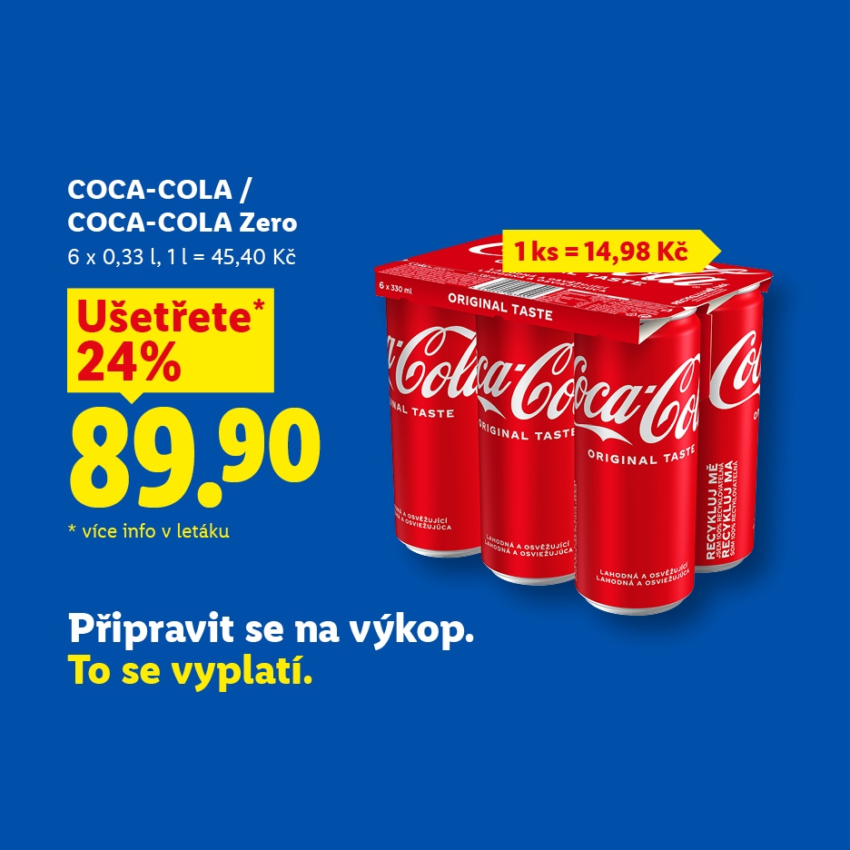 Šest balení nápojů v plechovce s cenou 89,90 Kč a slevou 24 %.