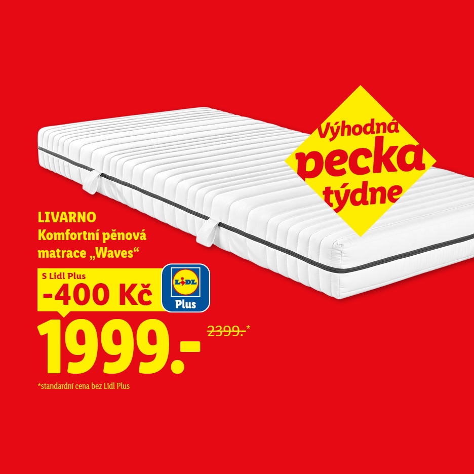 Reklama na komfortní pěnovou matraci „Waves“ s cenou 1999 Kč a slevou 400 Kč s Lidl Plus.