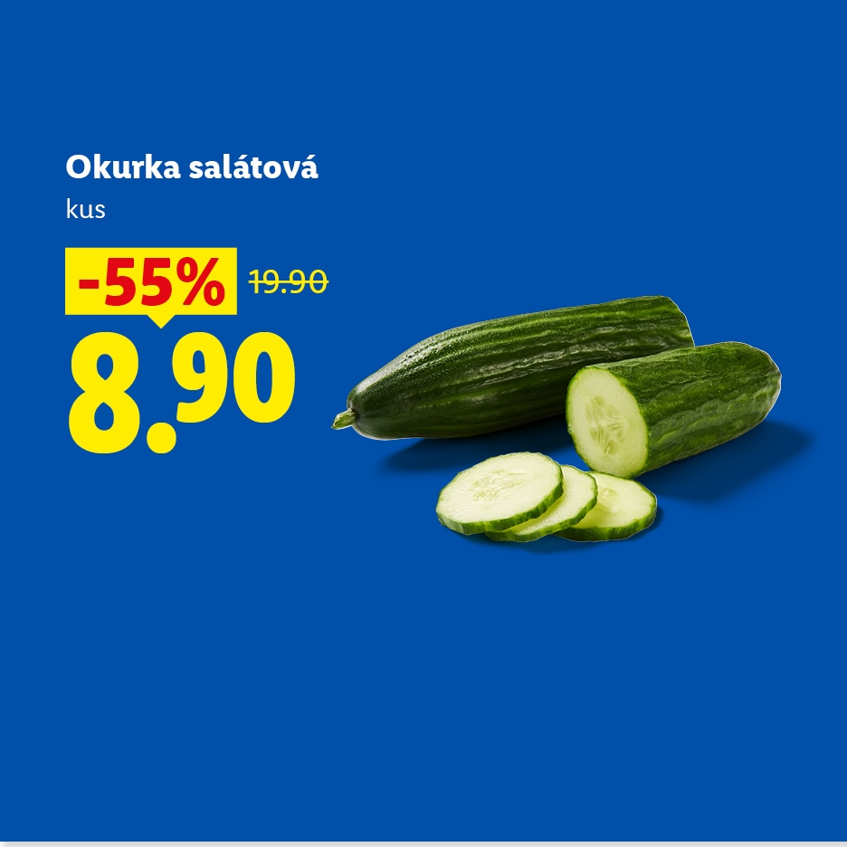Okurka salátová za 8.90, sleva 55% z původní ceny 19.90.