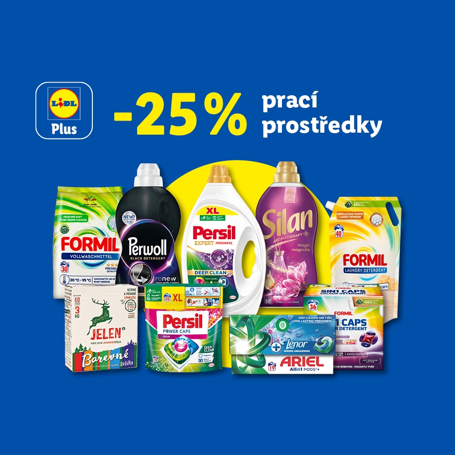 Sleva 25 % na prací prostředky, včetně pracích gelů, prášků, kapslí a aviváží.