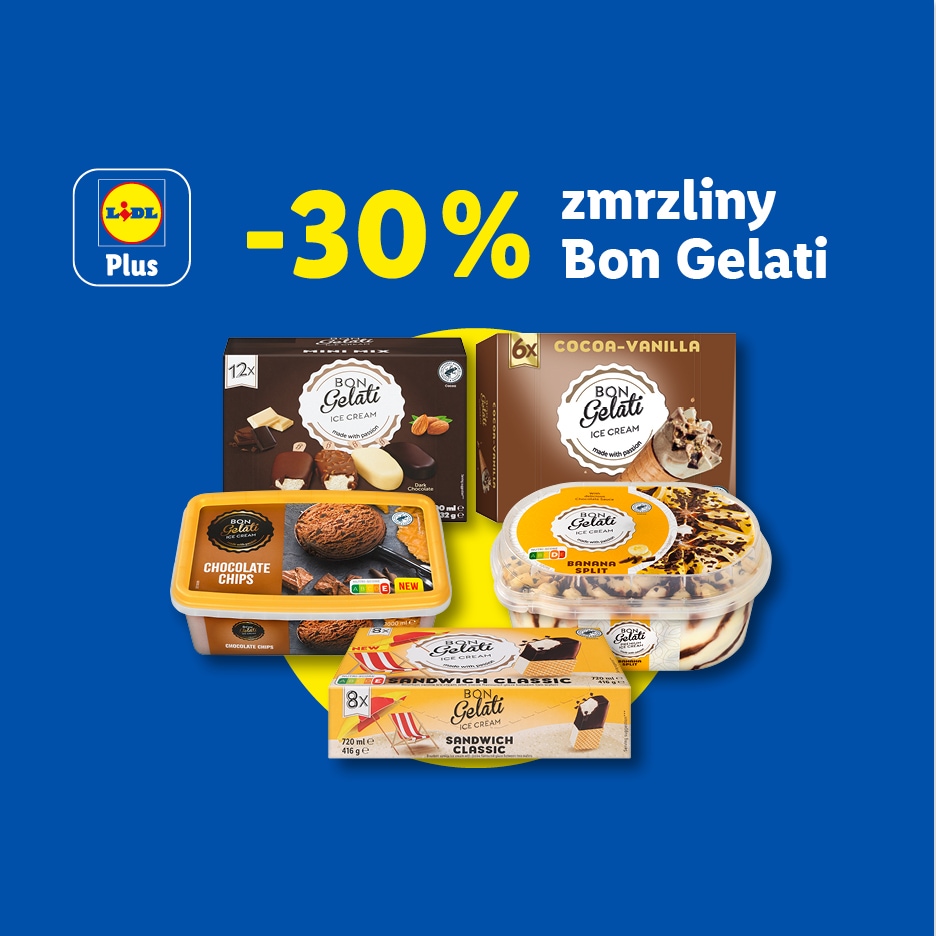 Reklama na zmrzliny se slevou 30 %, zobrazující různé druhy zmrzlin, včetně nanuků, kornoutů a kelímků.