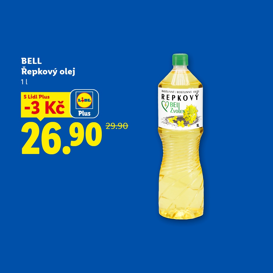 Láhev řepkového oleje s cenou 26.90 Kč, původně 29.90 Kč, se slevou 3 Kč pro členy Lidl Plus.