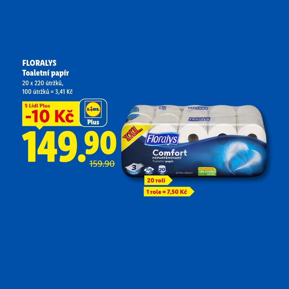 Toaletní papír, 20 rolí, 220 útržků, cena 149,90 Kč, původní cena 159,90 Kč.