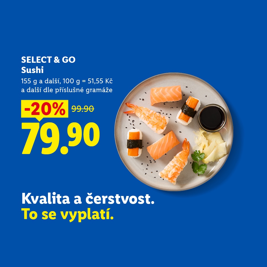 Sushi s lososem a krevetami na talíři, s cenou 79,90 Kč a slevou 20 %.