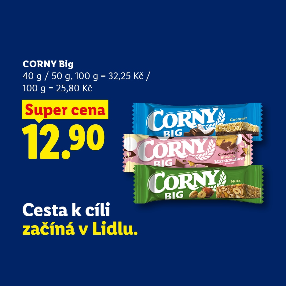 Reklama na cereální tyčinky s příchutěmi kokos, čokoláda/sušenka/marshmallow a ořechy, s cenou 12,90 Kč.