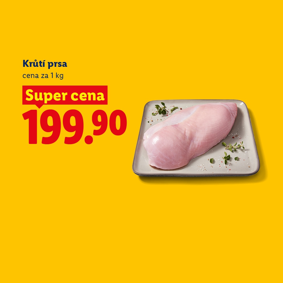 Krůtí prsa na talíři s bylinkami, cena 199.90 za 1 kg.