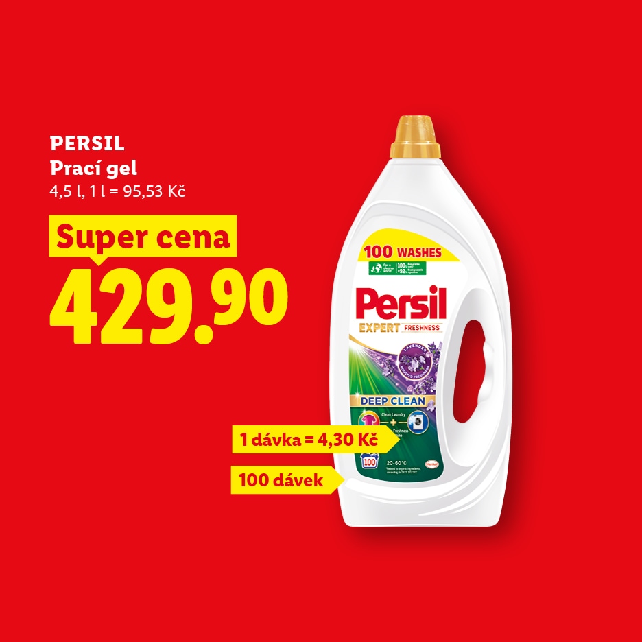 Bílý prací gel s fialovým štítkem, cena 429,90 Kč, 4,5 l, 100 dávek.