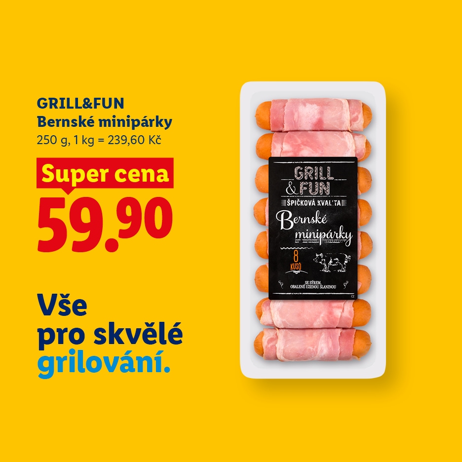 Balení mini párků obalených slaninou s cenou 59,90 Kč a textem „Vše pro skvělé grilování“.