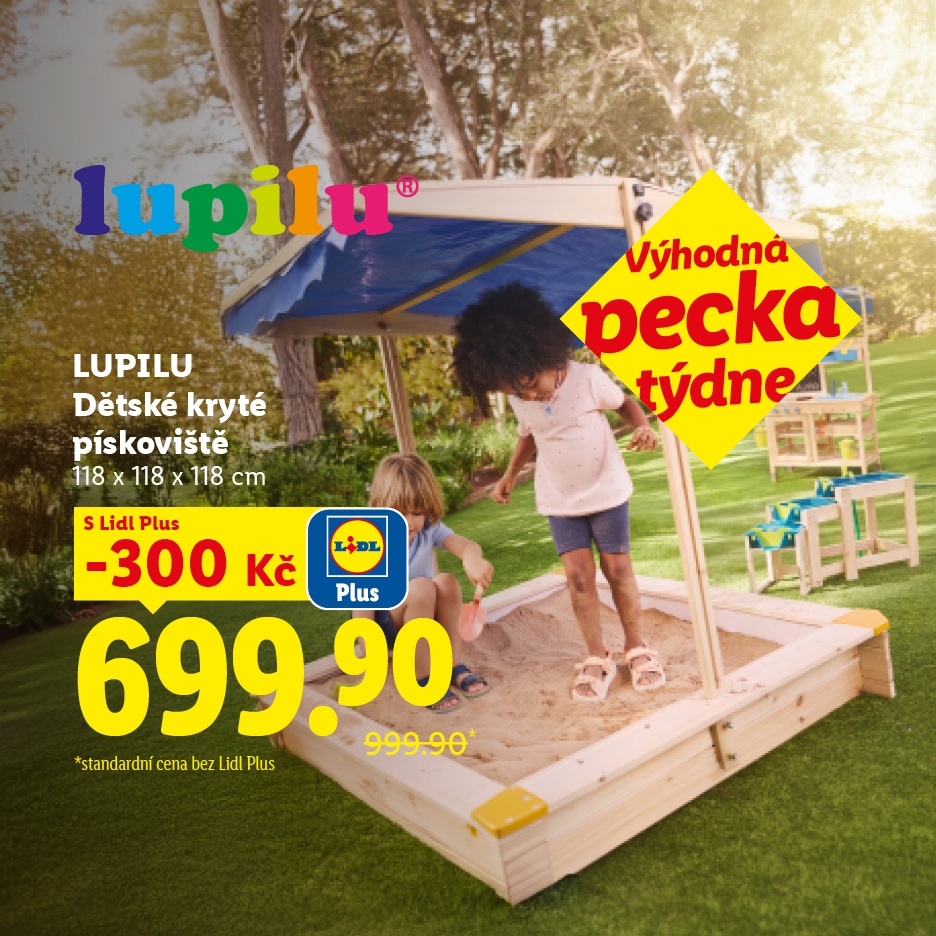 Dětské kryté pískoviště s nabídkou Lidl Plus, zobrazené s dětmi hrajícími si v písku.