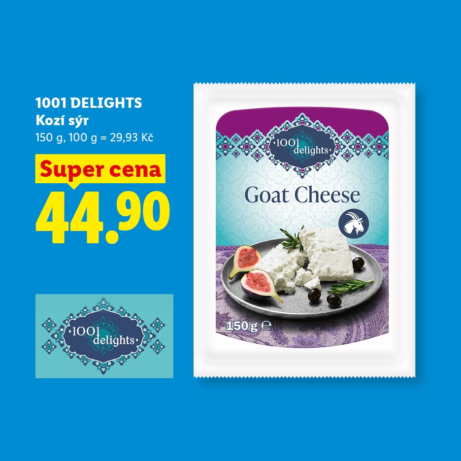 Balení kozího sýra s fíky a olivami, s cenou 44,90 Kč.
