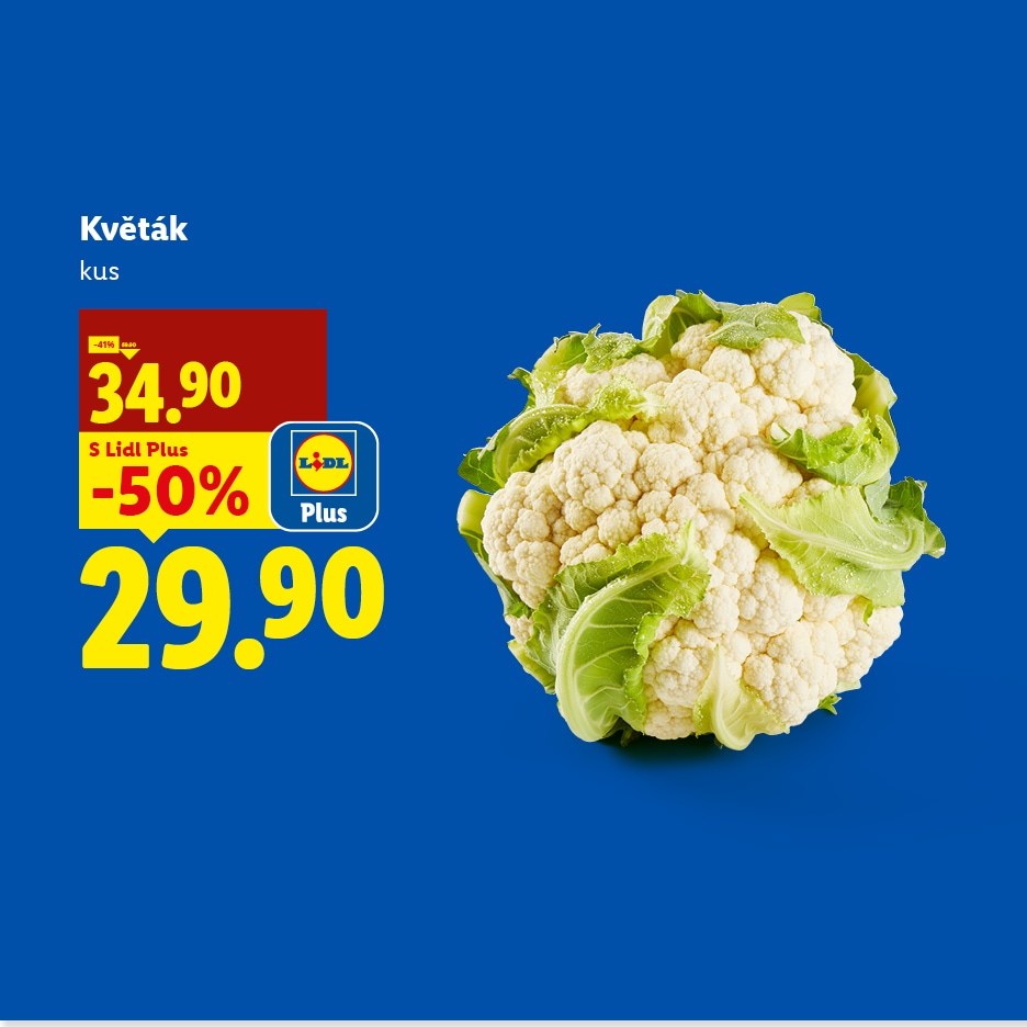 Květák za akční cenu 29.90, původně 34.90, s 50% slevou pro členy Plus.