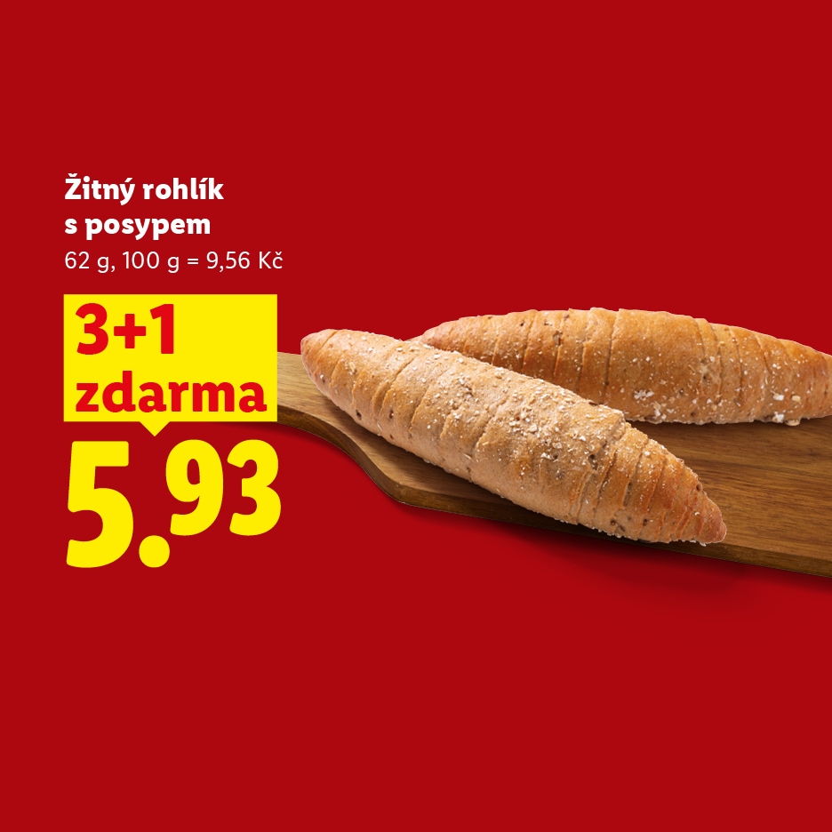 Žitný rohlík s posypem, 62 g, 100 g = 9,56 Kč. Akce 3+1 zdarma, cena 5,93.