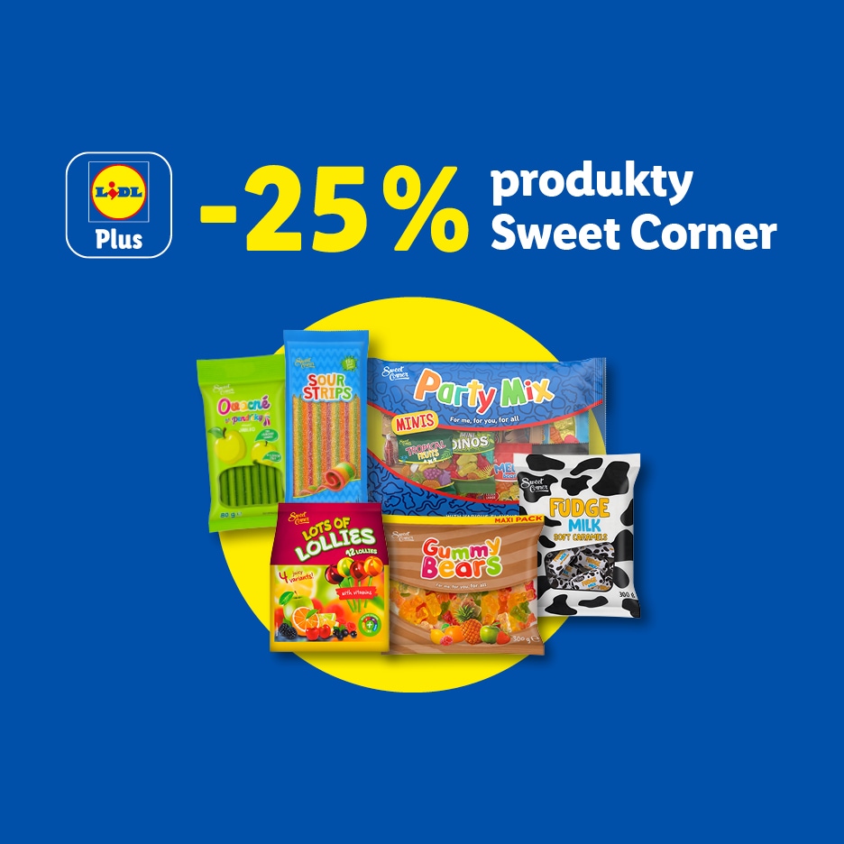 Sleva 25 % na cukrovinky, včetně želé bonbónů, lízátek a karamelů, v rámci akce Lidl Plus.