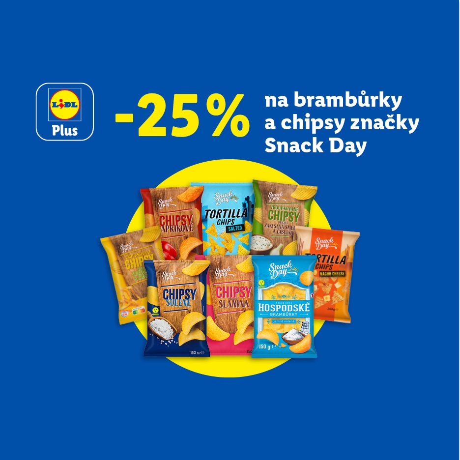Sleva 25 % na brambůrky a chipsy, s různými příchutěmi jako paprika, sůl, smetana a cibule, a nacho sýr.