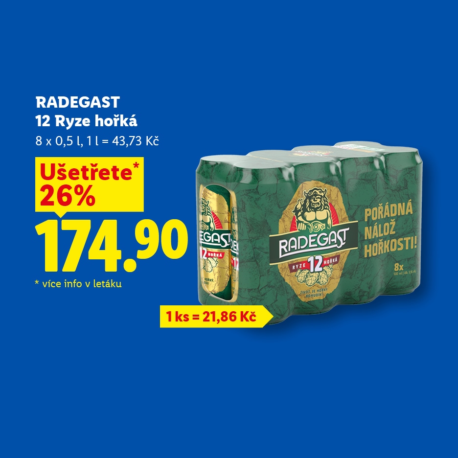 Balení osmi plechovek piva s výraznou slevou 26 % za 174,90 Kč.