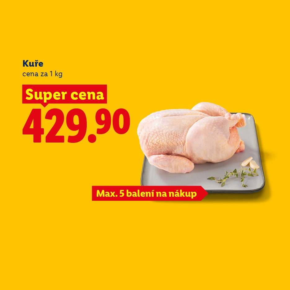 Celé kuře na talíři s česnekem a bylinkami, cena 429.90 za 1 kg, maximálně 5 balení na nákup.