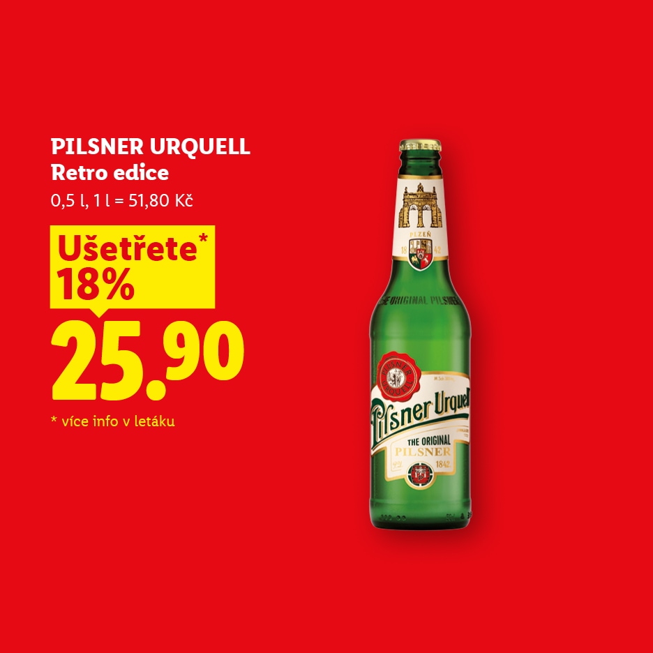 Pivo v retro edici s cenou 25,90 Kč a slevou 18 %.