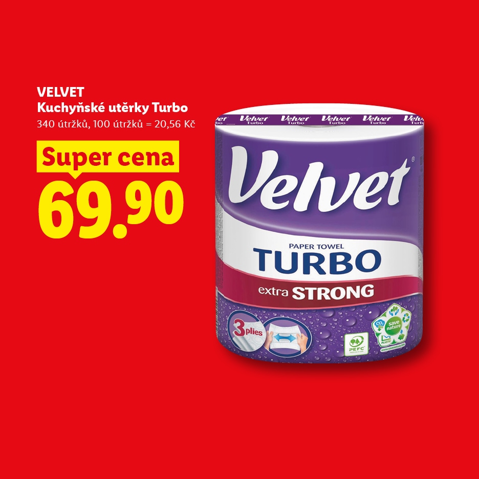Kuchyňské utěrky Turbo za 69,90 Kč, 340 útržků, 100 útržků = 20,56 Kč.