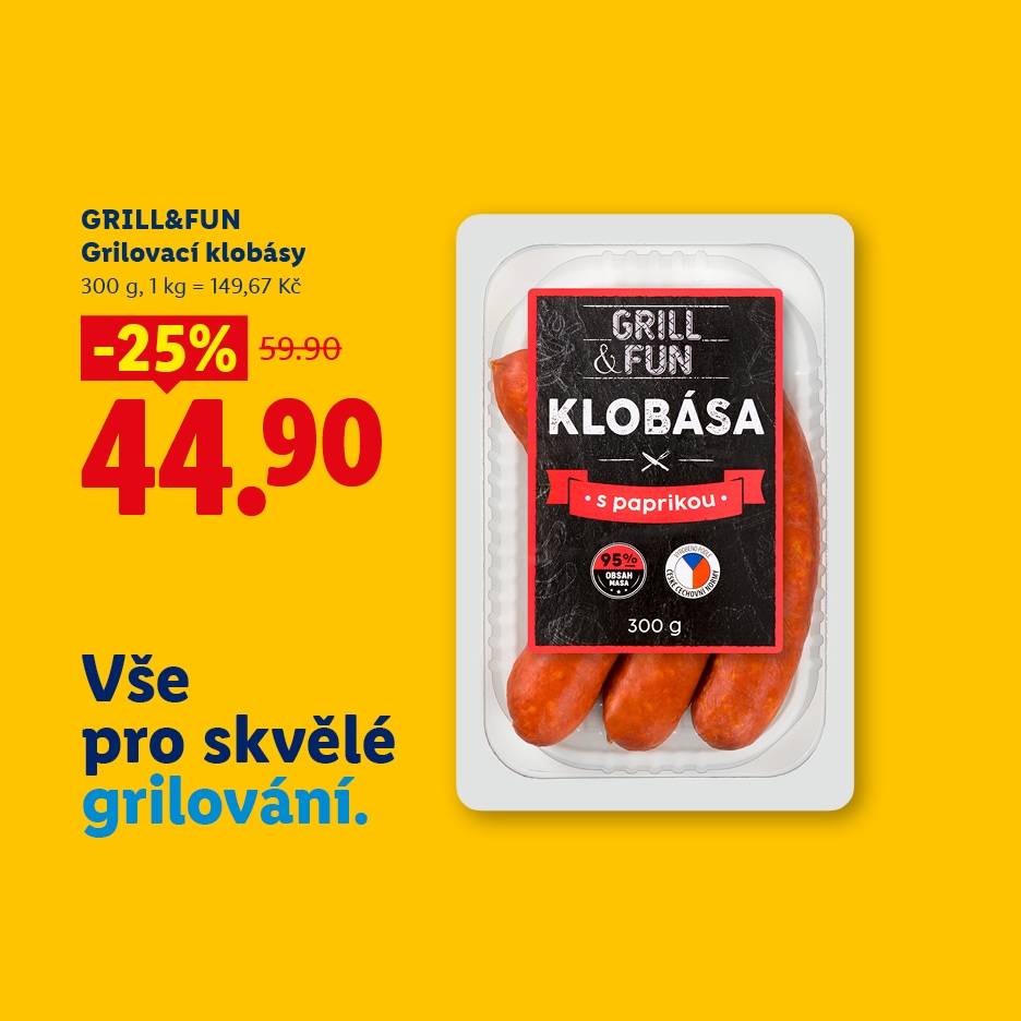 Balení grilovacích klobás s paprikou, 300 g, se slevou 25 % za 44,90 Kč.