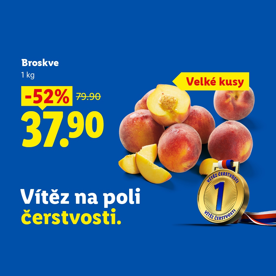Broskve 1 kg, -52% sleva na 37.90 (původně 79.90), velké kusy, vítěz v čerstvosti.
