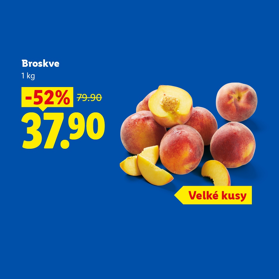 Broskve za 37.90 Kč/kg, sleva 52 % z původních 79.90 Kč, velké kusy.