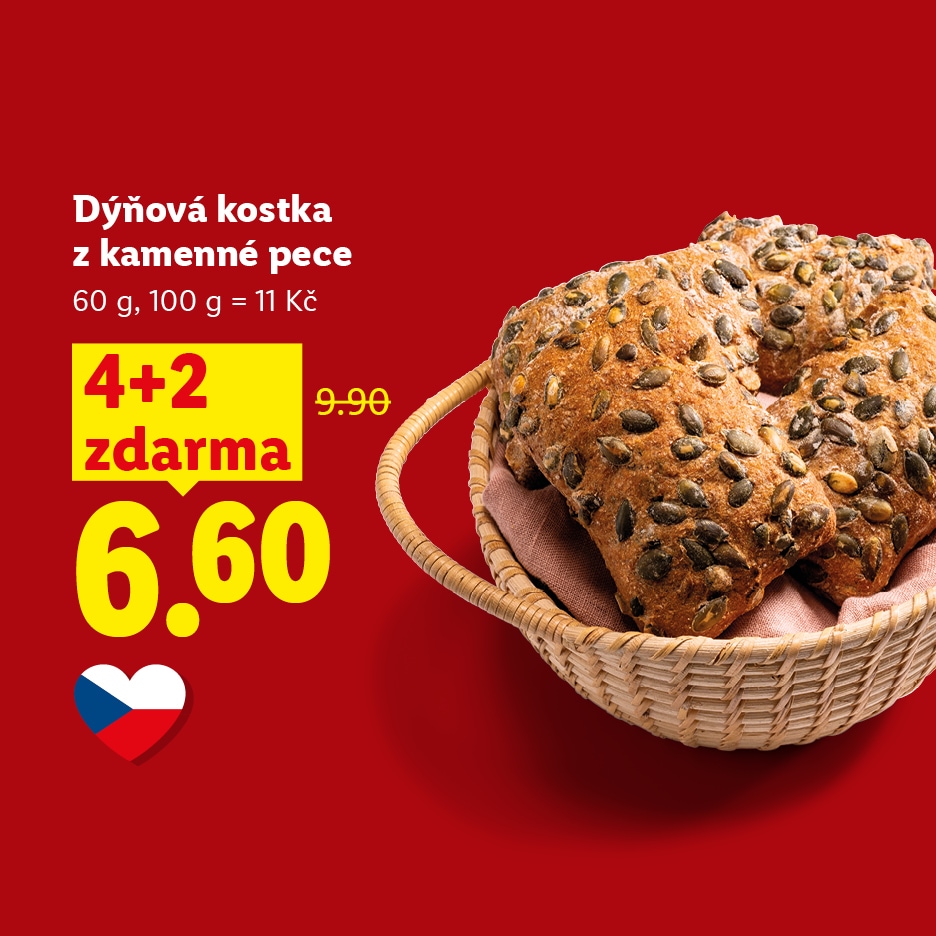 Dýňové kostky z kamenné pece v košíku s akcí 4+2 zdarma a cenou 6.60 Kč.