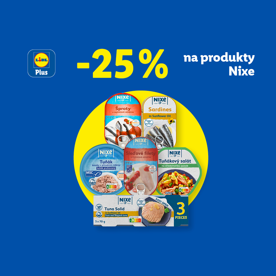 Sleva 25 % na rybí konzervy a saláty, včetně tuňáka, sardinek a šprotů.
