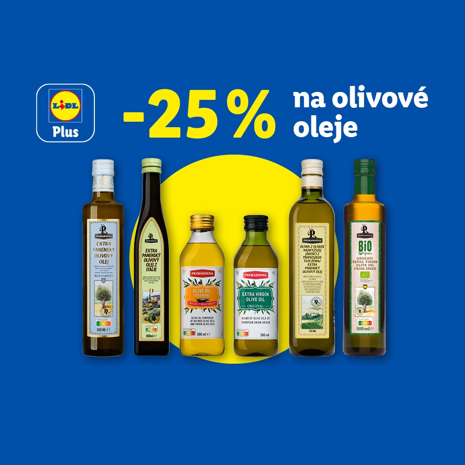 Sleva 25 % na různé druhy olivových olejů, včetně extra panenských a bio variant.