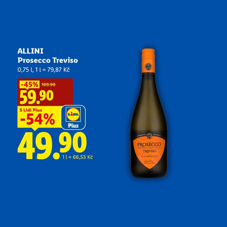 Láhev prosecca s cenovkou a slevou.