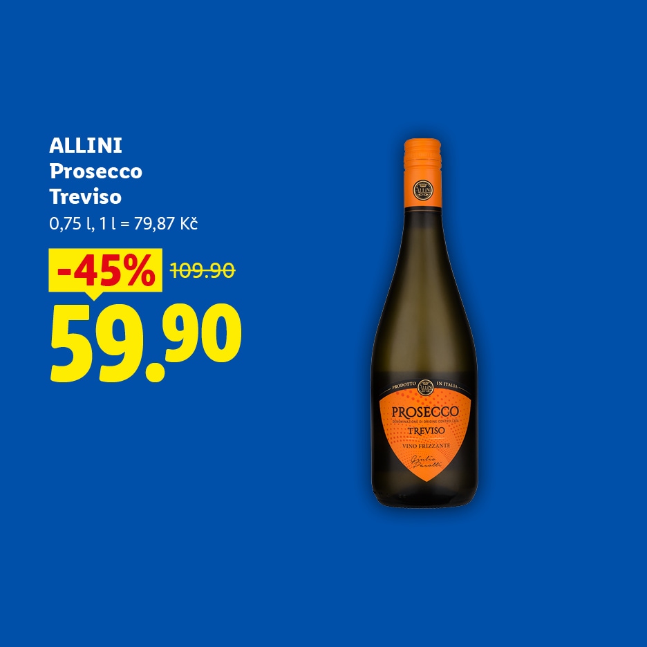 Láhev prosecca s oranžovou etiketou a slevou 45 % na modrém pozadí.
